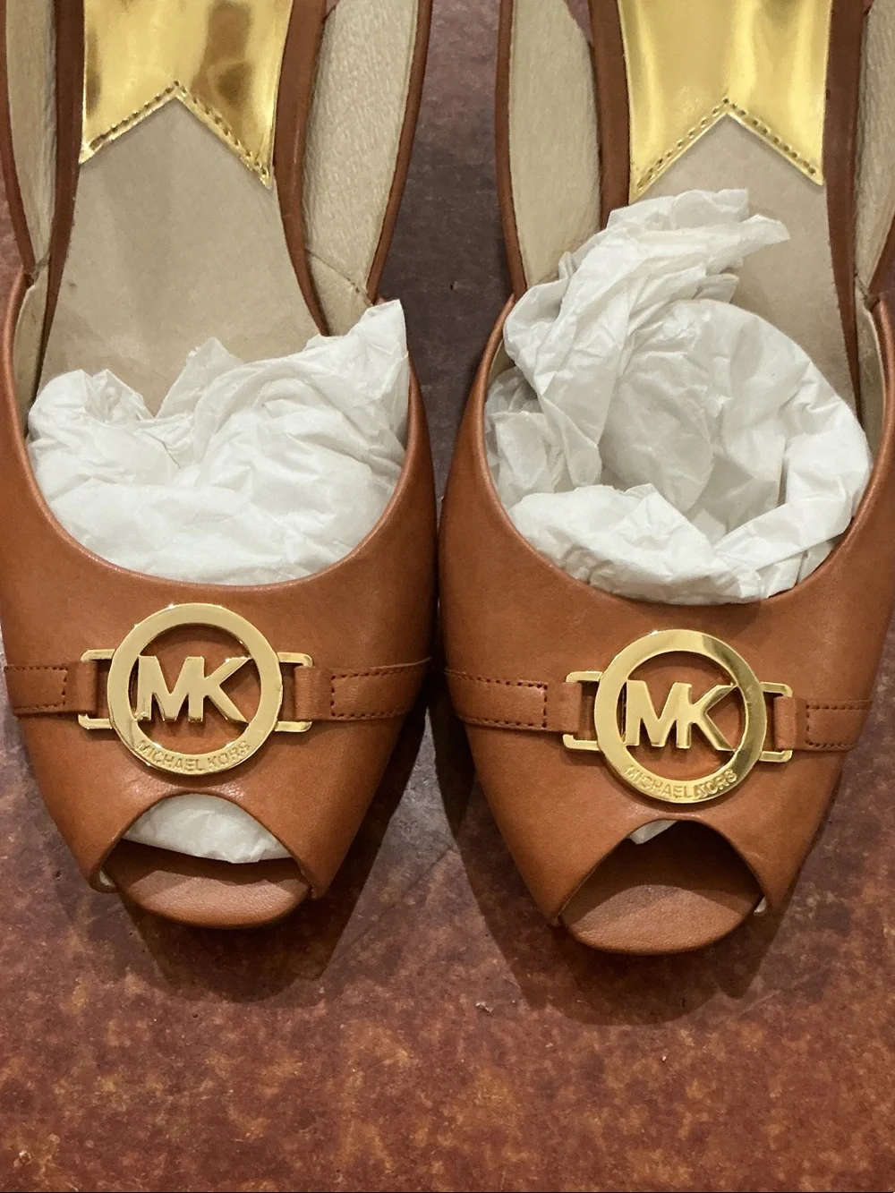 Michael Kors Brown Leather Peep-Toe Slingback Wedges with Gold MK Emblem